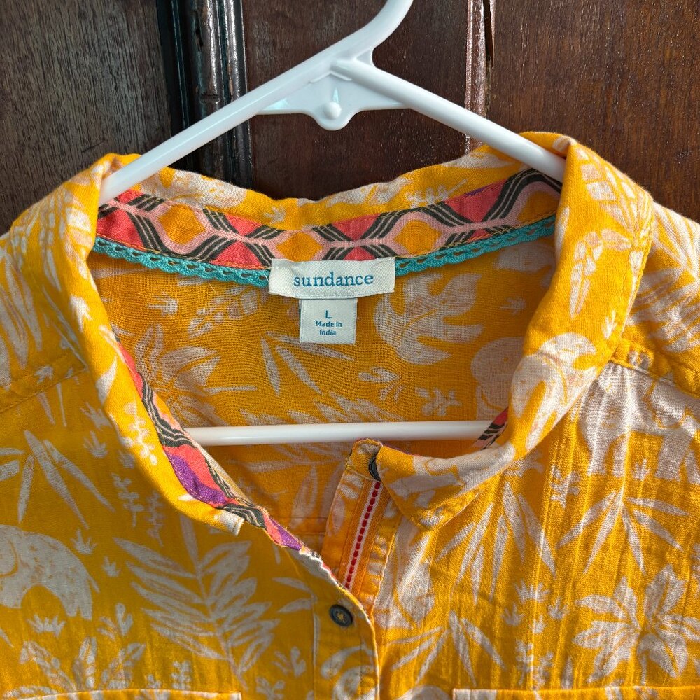 Sundance large button-down blouse bright gold elephant print airy cotton